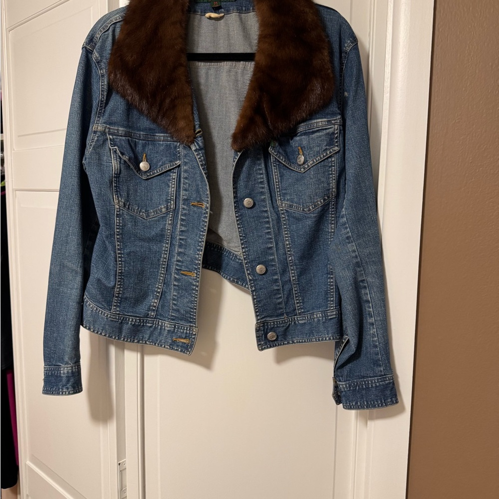 Women's Blue Denim Jacket with Brown Faux Fur Collar